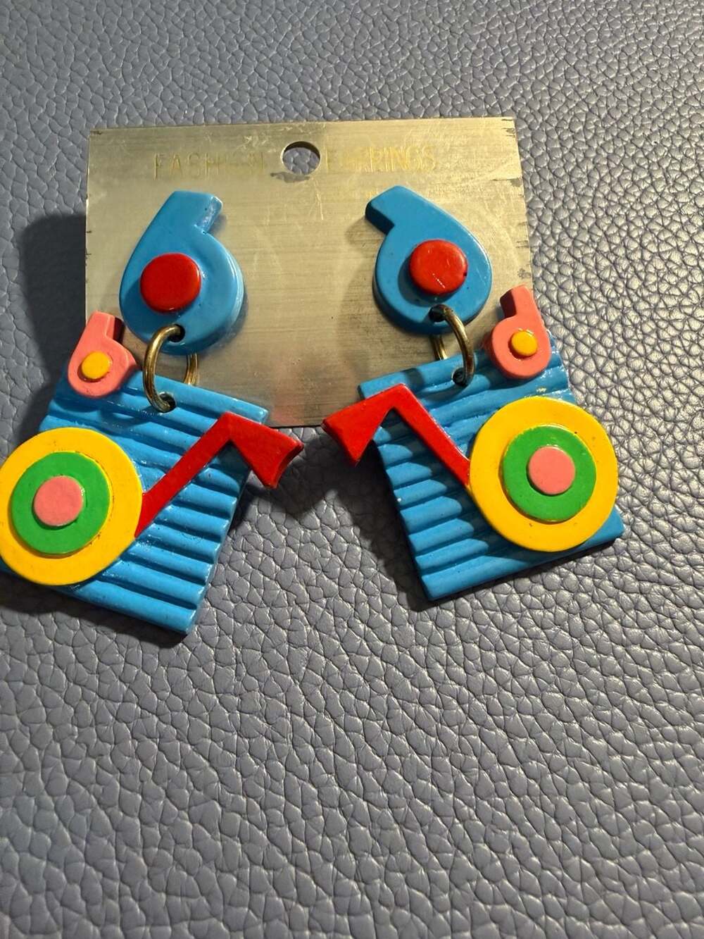 Vintage 80s Memphis Style Geometric Abstract Colorful Painted Dangle Earrings